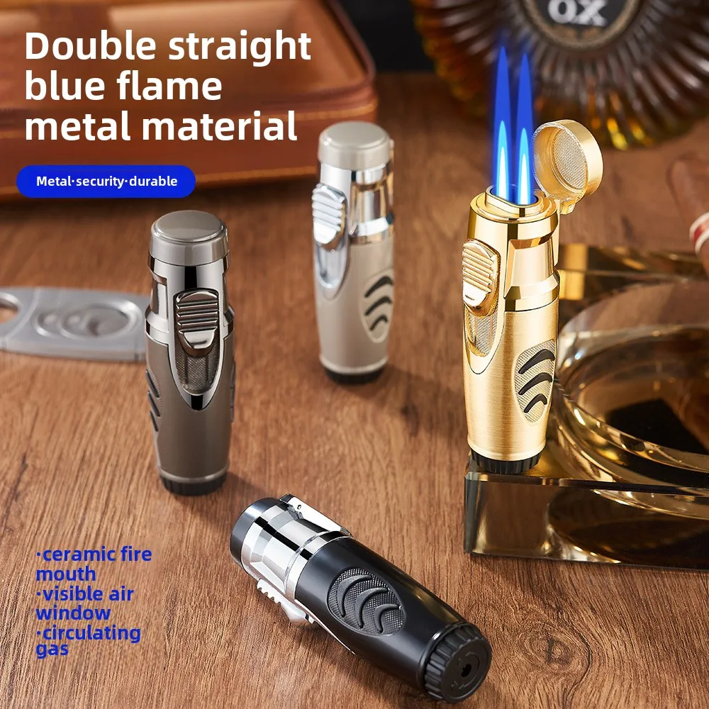 Single/Double Straight Blue Flame Cigar Lighter, Metal Windproof Butane Lighter, Outdoor BBQ Kitchen Cooking Inflatable Lighter