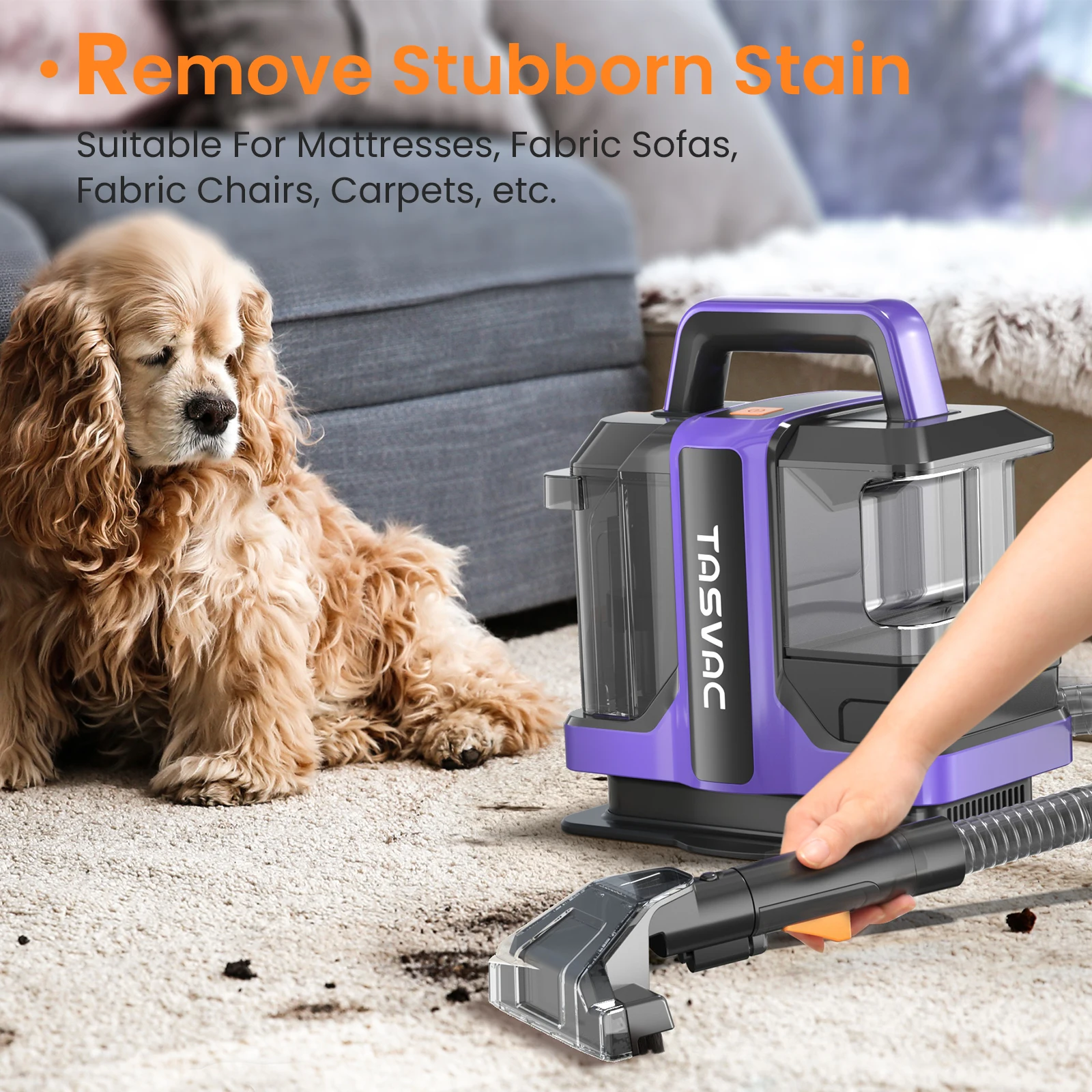 TASVAC C7 Portable Carpet & Upholstery Cleaner Machine, Spot And Stain Deep Cleaner With Two Brushes & Remover Formula For Pets, 6