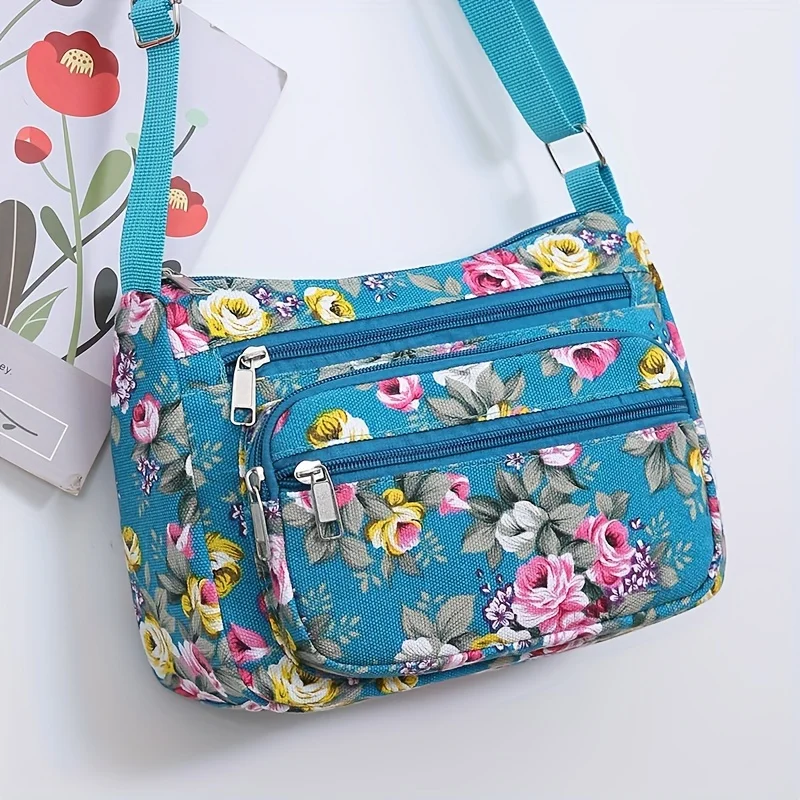 Elegant shoulder bag with floral print, casual shoulder bag with multiple pockets and an adjustable strap, suitable for daily and...
