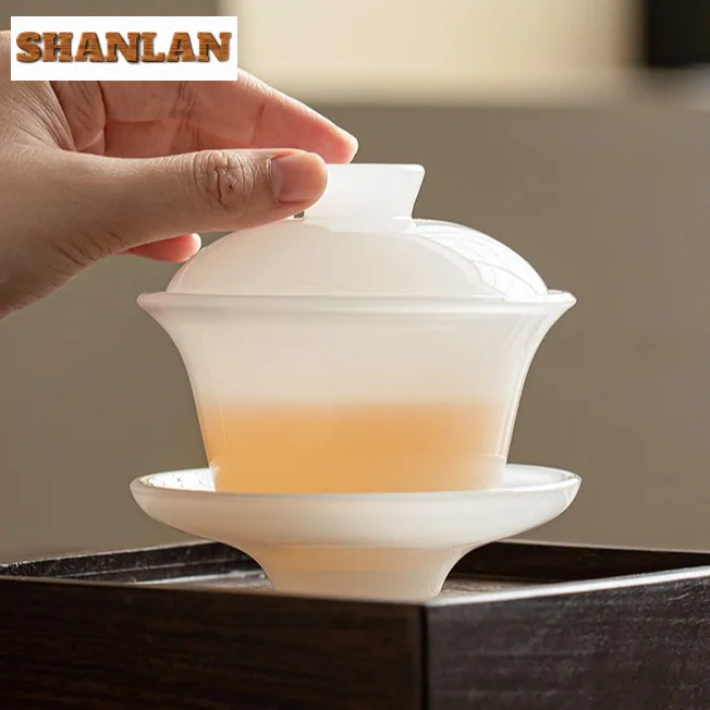 Glass Sancai White Jade Porcelain Gaiwan Luxury Tea Tureen Tea Bowl With Lid Kit Making Cover Bowl Chinese Set Ornaments