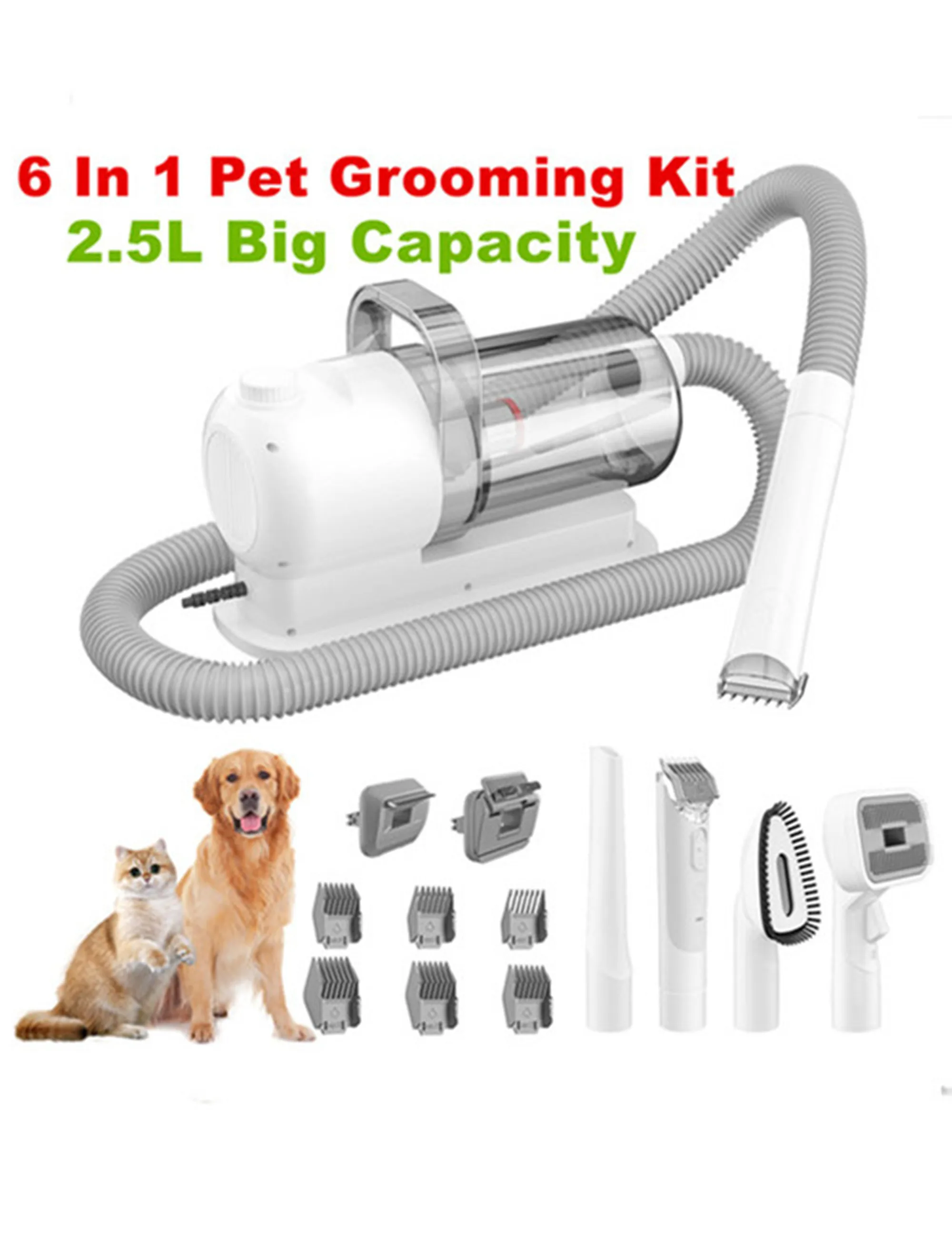 6 In 1 Pet Grooming Vacuum Kit Dog Grooming Clippers Pet Hair Remover With Power 2.5L Large Suction & Low Noise Hair Kits
