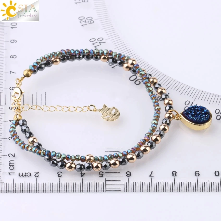 CSJA Natural Stone Hematite Bracelets Geode Druzy Crystal Bracelet Summer Statement 2 Strand Beads Women Jewelry