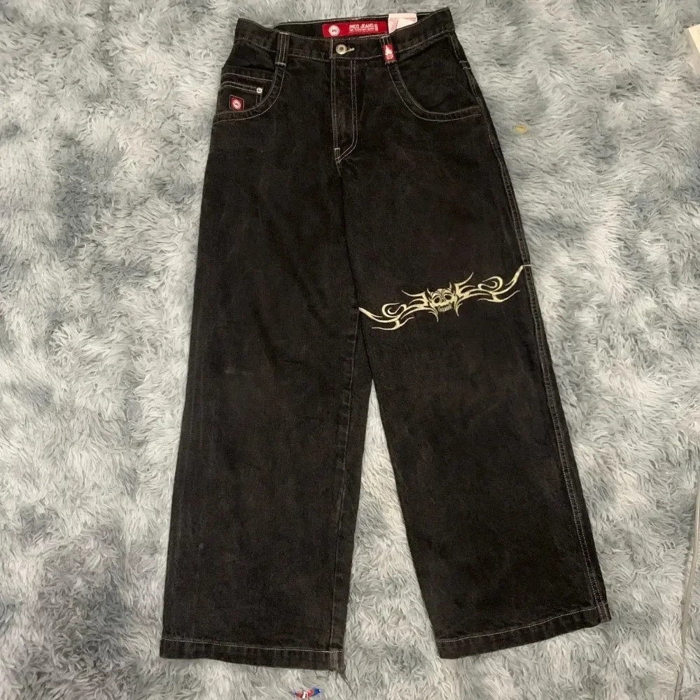 JNCO 레트로 자수 헐렁한 청바지, Y2K 힙합 청바지, 블랙 팬츠, 신상 하라주쿠 고딕 와이드 레그 팬츠, 스트리트웨어
