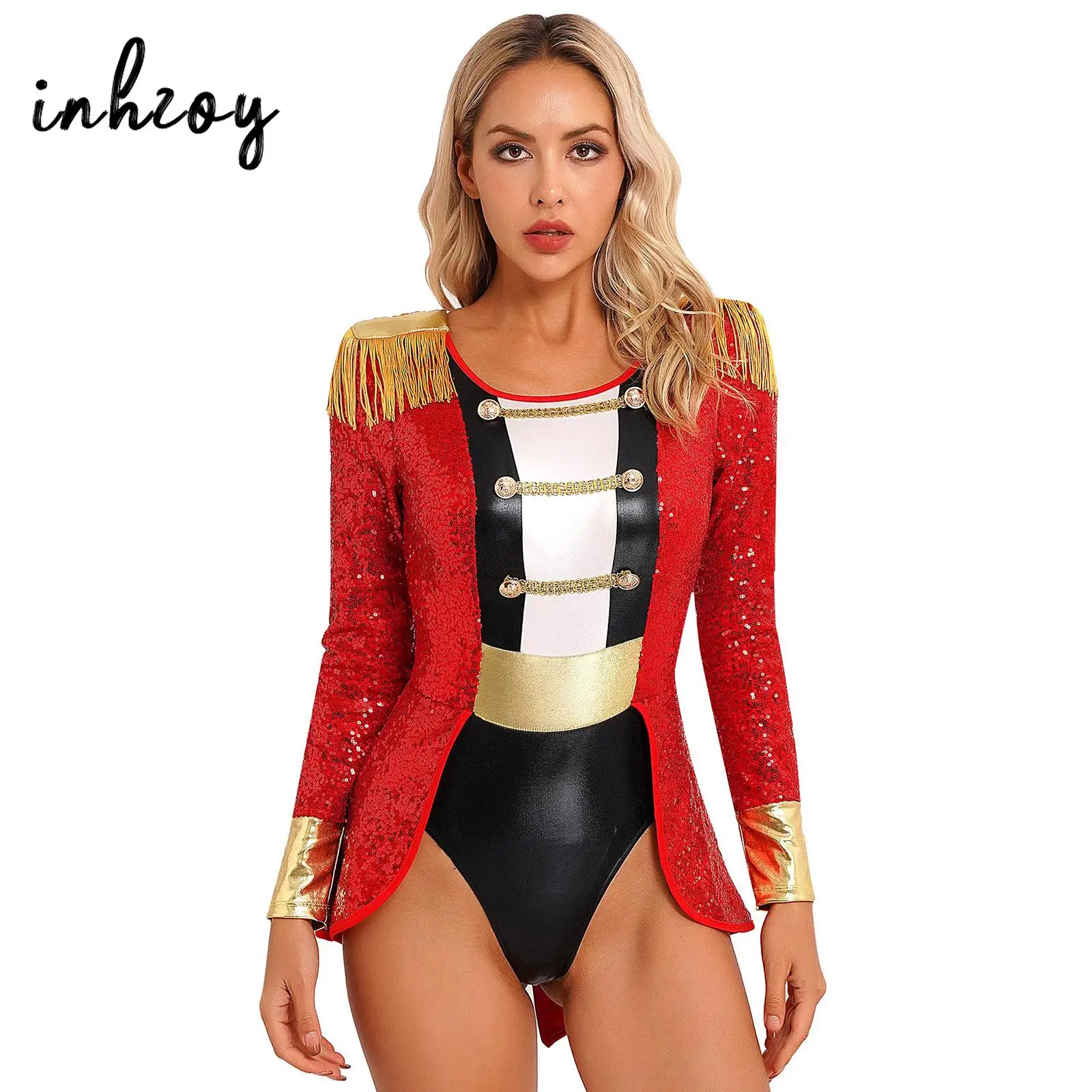 

Womens Circus Ringmaster Costume Jumpsuit Long Sleeve Sequins Swallow-Tailed Leotard Cosplay Bodysuit Halloween Fancy Dress Up
