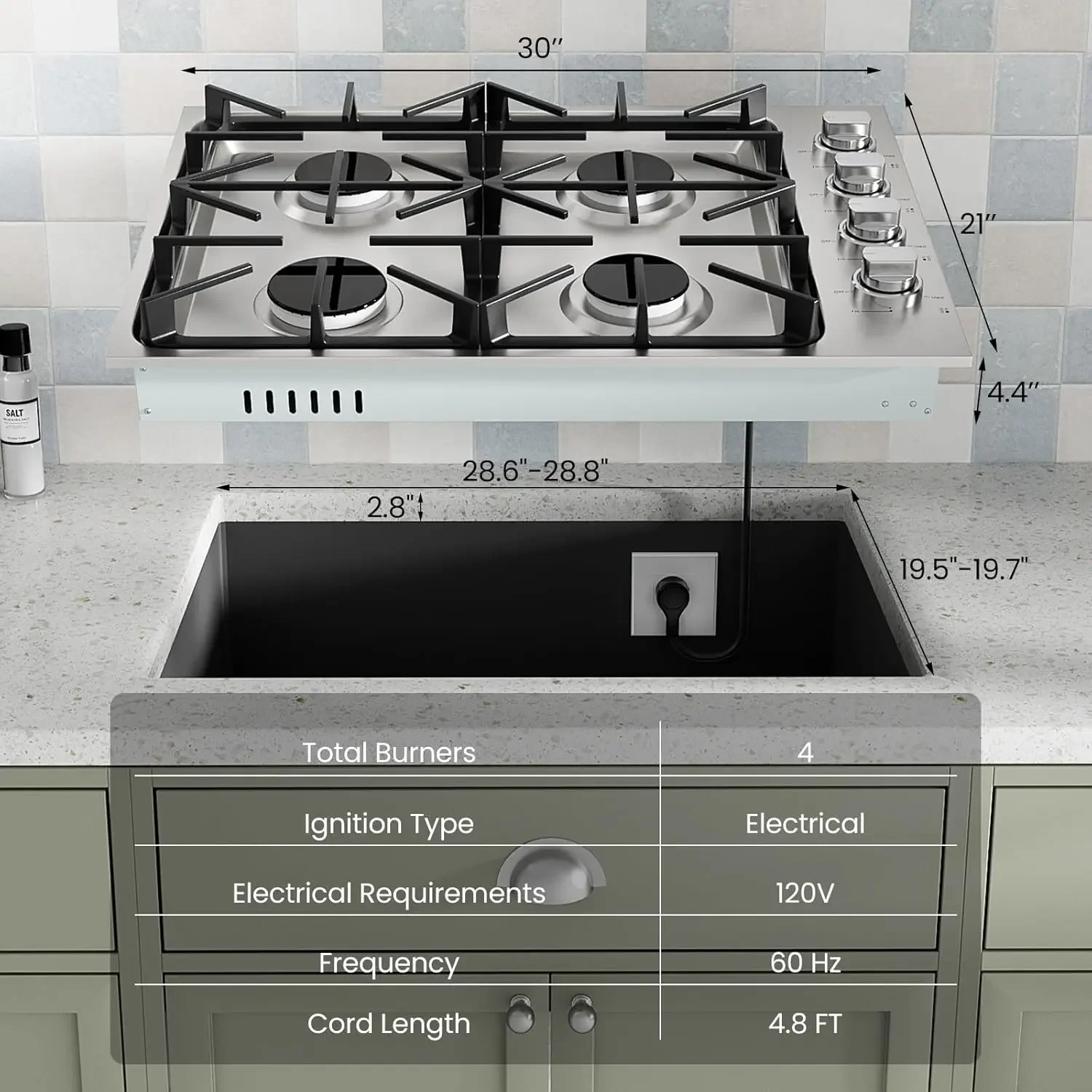 Gas Cooktop, SIMOE Gas Stove Top Bulit-in with 4 Burner, Stainless Steel, NG/LPG Convertible Gas Hob with Cast Iron Grill/Griddl 3