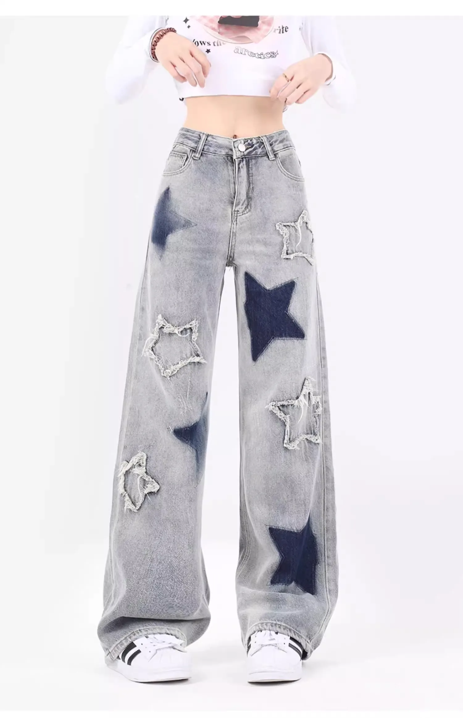 American Star Embroidery Women's Denim Trousers: Y2K High Street Casual Loose Straight Leg Pants - true deals club