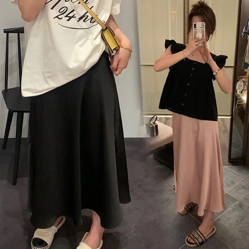 Maternity Satin A- Line Midi Skirt Summer New Sensation Belly Support Vinegar Acetate Half-length Bodycon Skirt for Pregnant Wom