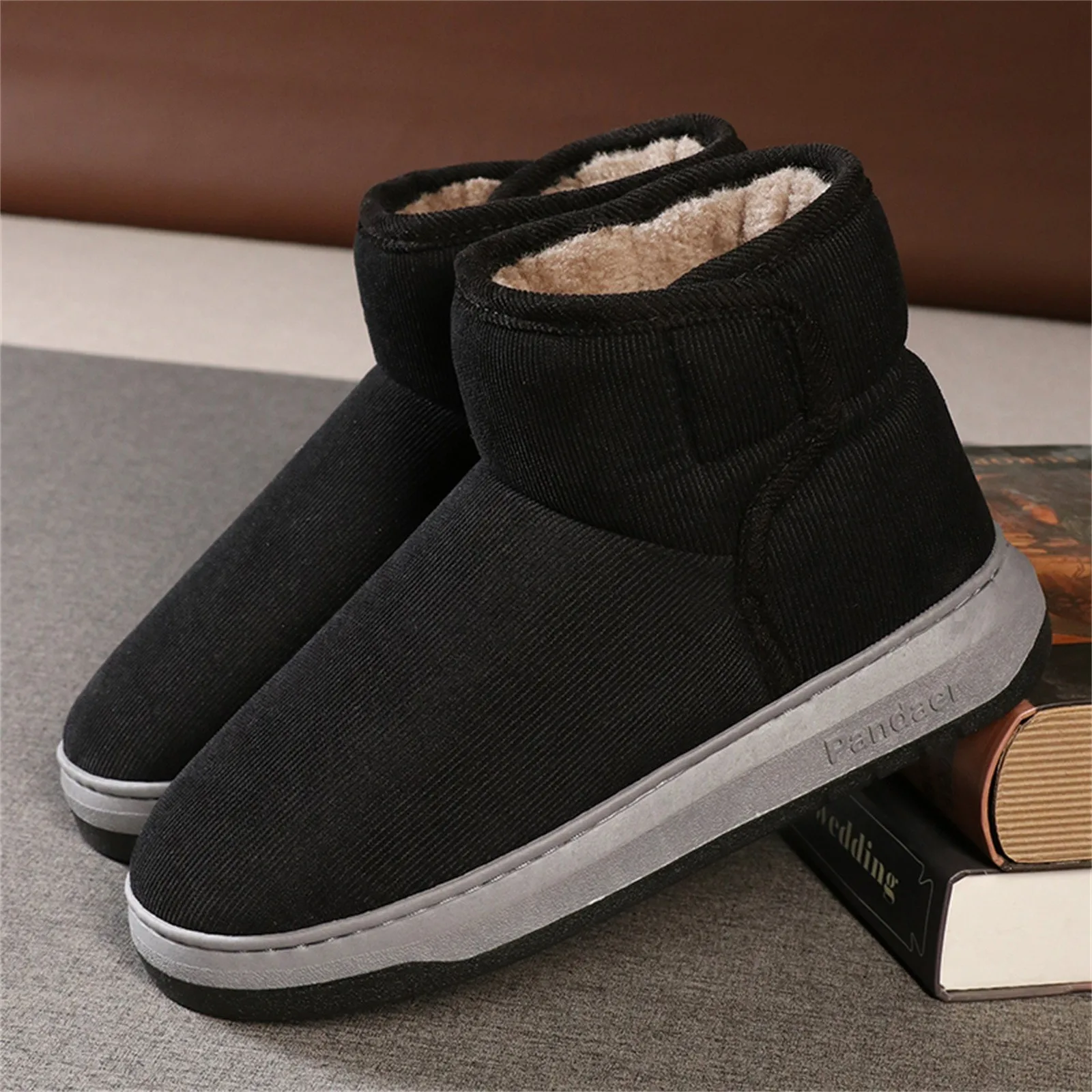 Mens Casual Solid Color Suede Cotton Slippers Warm Thick Sole High-Top Soft Comfort Cotton Boots Indoor Outdoor All Match Shoes