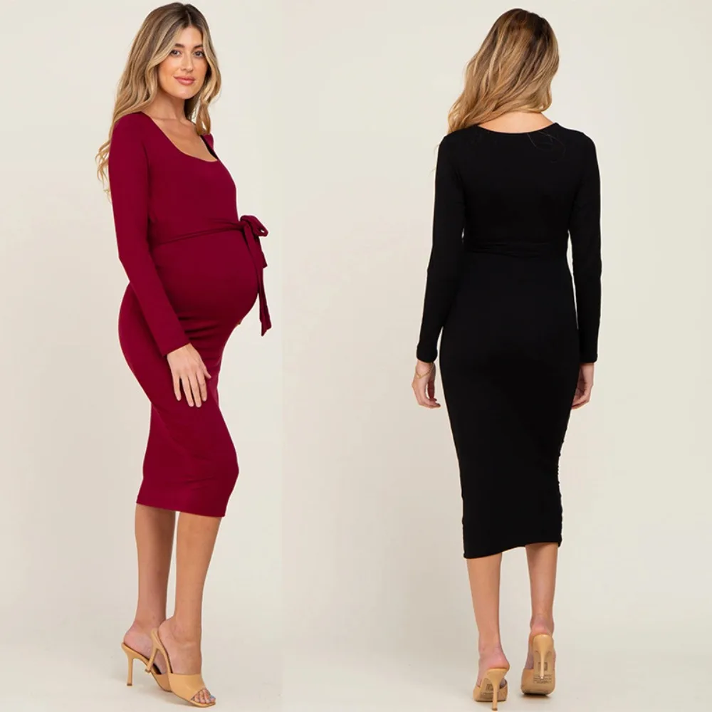 New Year Square Neck Maternity Dress with Adjustable Belt Empire Waist Design for Special Occasions and Pregnancy Photos 5 S9bfedb5ec11449baa3c5bb6aa93b41abC