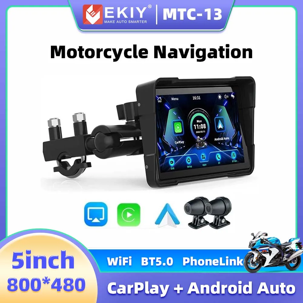 

EKIY 5-дюймовый мото портативный Carpaly Android Авто навигация WIFI двойной BT Запись DVR беспроводной экран дисплея
