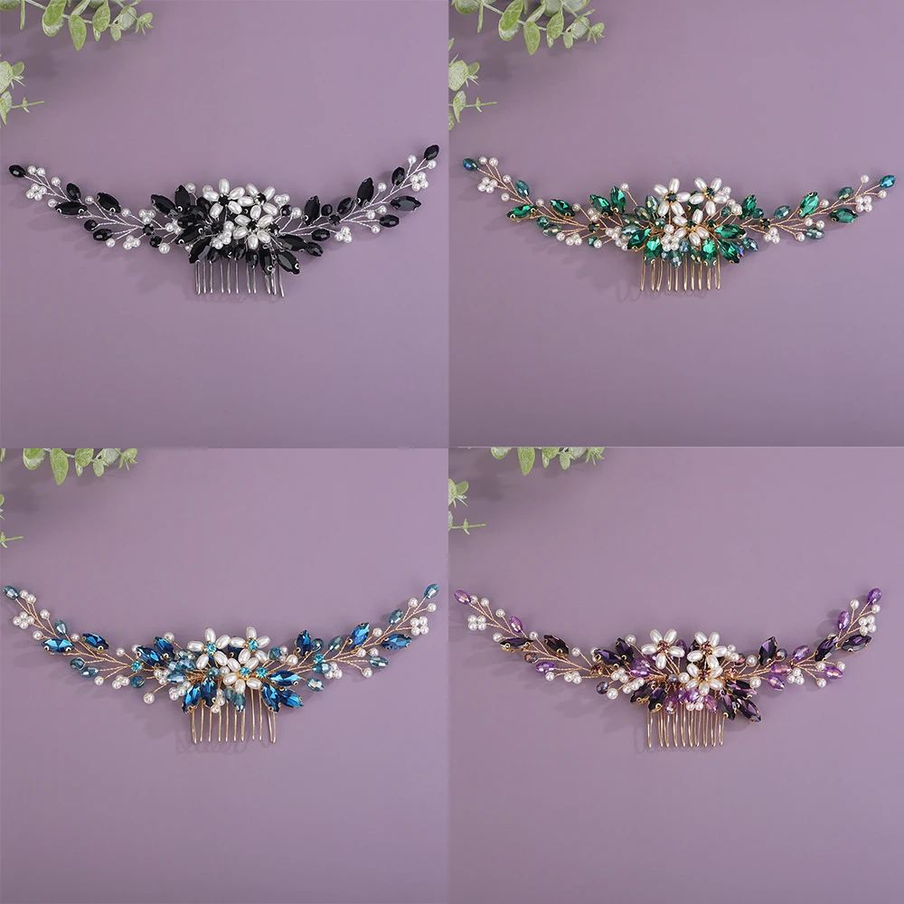 12Colors Red Fashion Women Wedding Hair Comb Pink Pearl Rhinestone Green Bridal Hair Accessories Handmade Black Blue Party Tiara