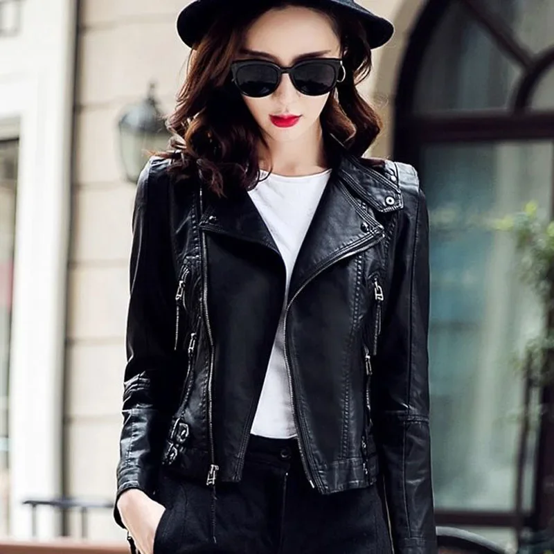 1pcs Women's PU Leather Short Jackets 2024 Spring Faux Fur Zipper Splicing Irregular Black Ladies Skinny Locomotive Small Coats