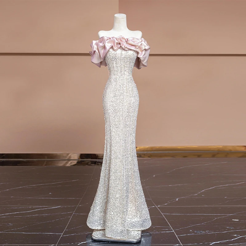 فستان سهرة أنيق بكتف واحد وذيل السمكة لحفلات الزفا...