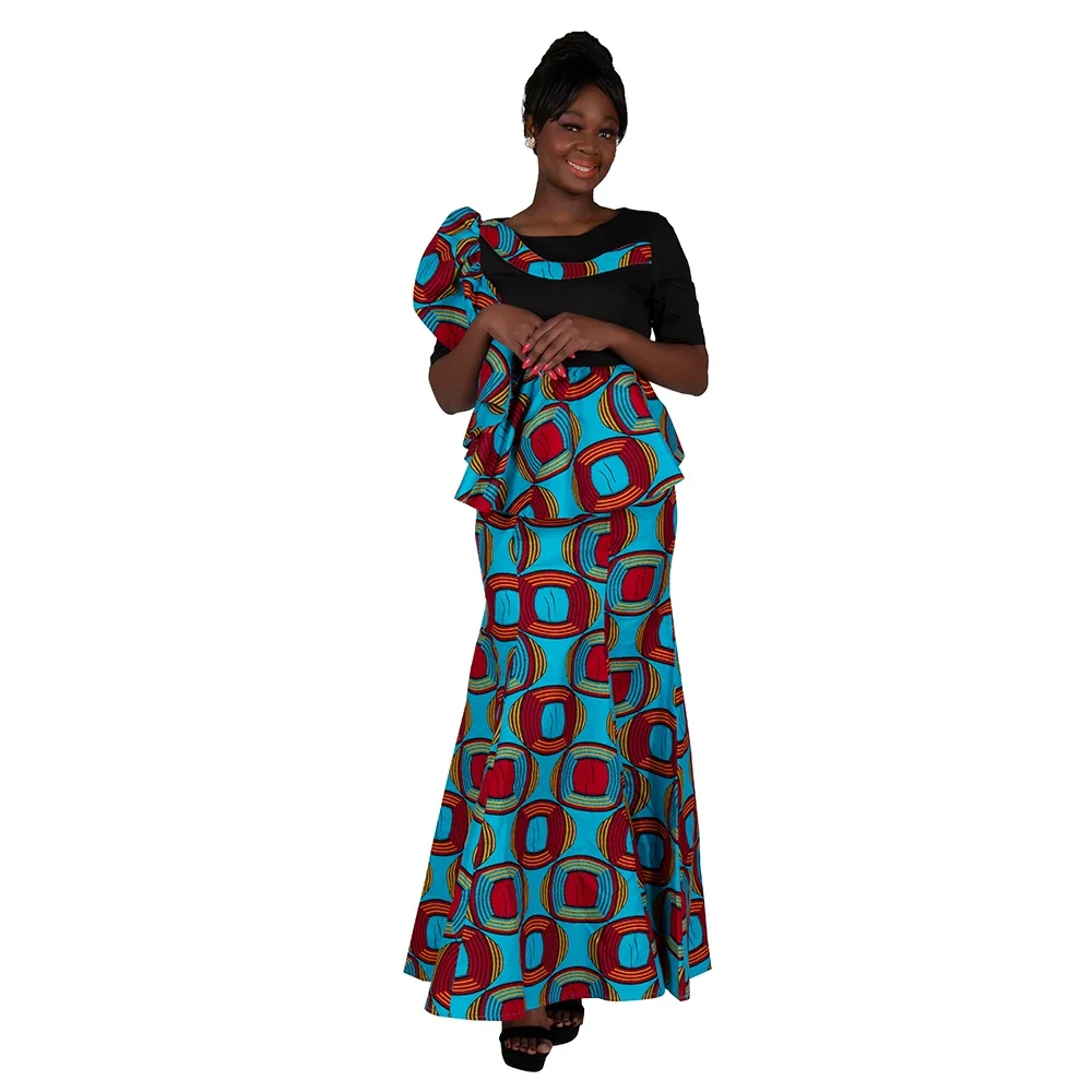 New African Women Dresses Ankara Printing Long Mermaid Dresses for Women O-Neck Evening Dress Bazin Riche Plus Size WY5904