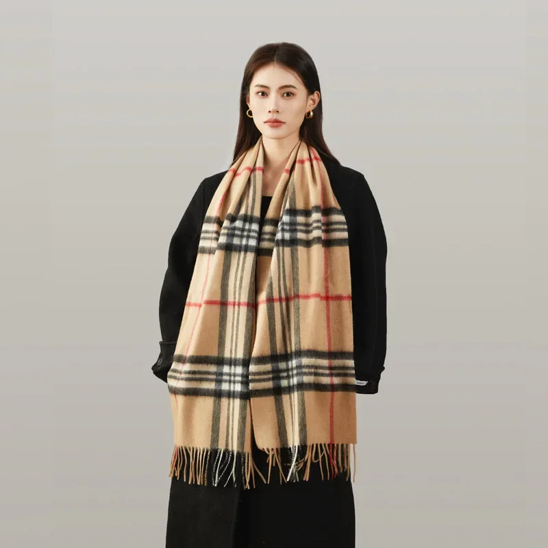 100% Wool Scarf Men Women Thick Plaid Soft Warm Classic Business Muffler Winter Tassel Shawl