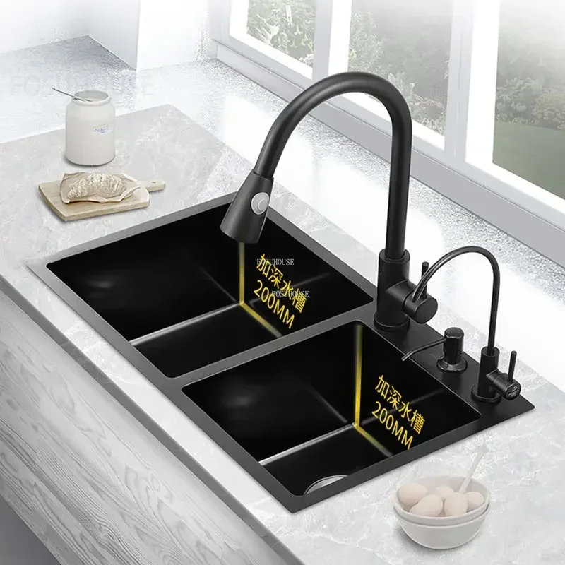 Home Nano Black Kitchen Sinks Double-slot Large Basin Stainless Steel Handmade Sink Home Kitchen Dishwashing Sink Accessories 3