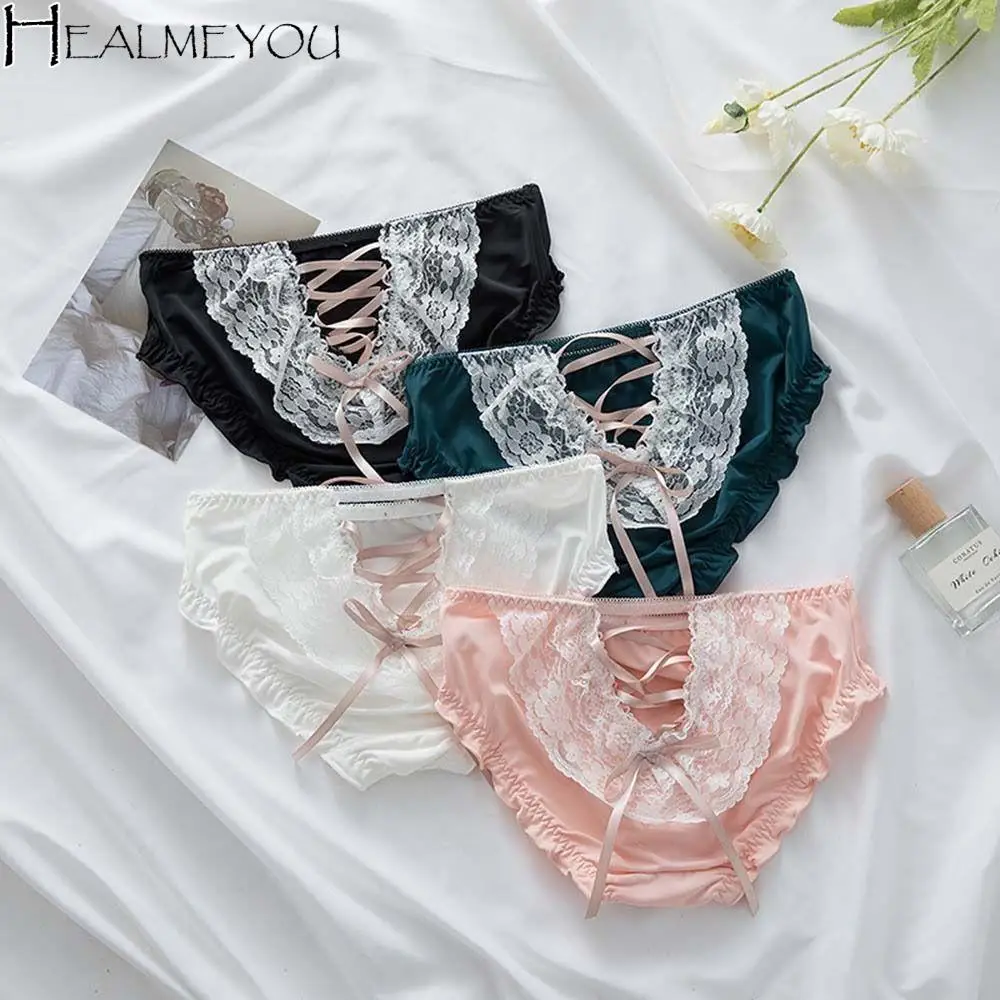 

For Girl Sweet Underpants Briefs Bow Underwear Bandage Ruffle Female Lingerie Traceless Panties Women Thong Ice Silk Panties