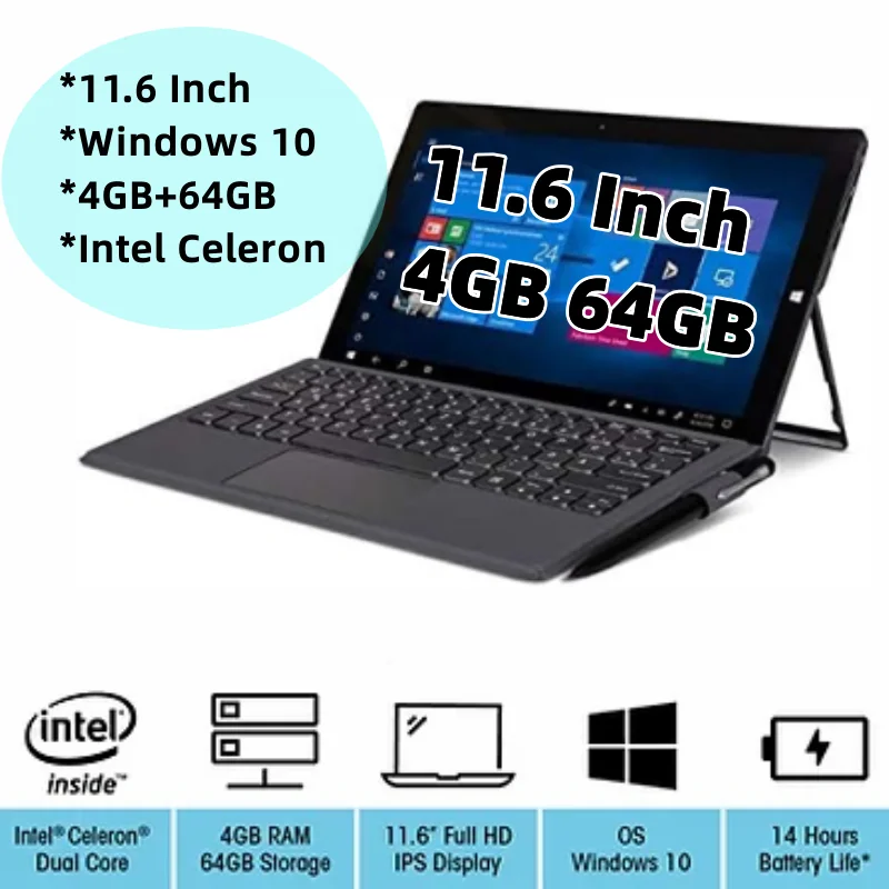 

New 64-bit 11.6 Inch 4GB+64GB Windows 10 Tablet PC Intel Celeron N3350 HDMI-Compatible 1920x1080 IPS 2.4 GHz Type C Tablets