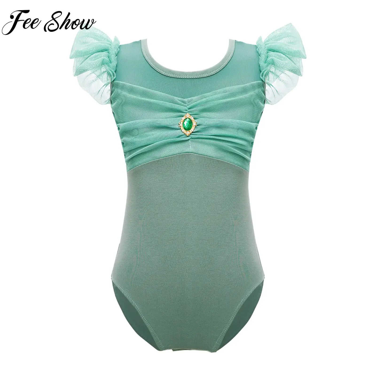 

Kids Girls Ruffle Sleeve Leotard Ruched Mesh Patchwork Cutout Back Bodysuit for Ballet Dance Gymnastics