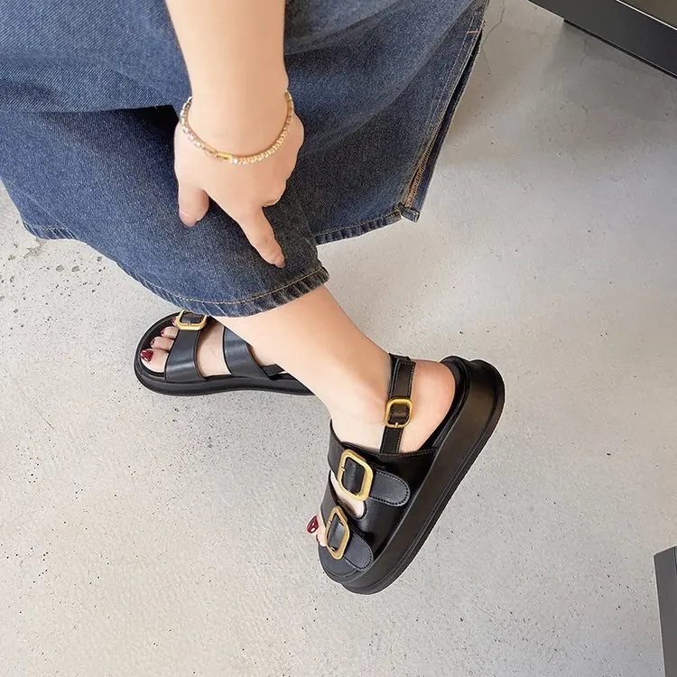 Women Sandals Pin Buckle Platform Slingback Metal Buckle Thick Bottom Flat