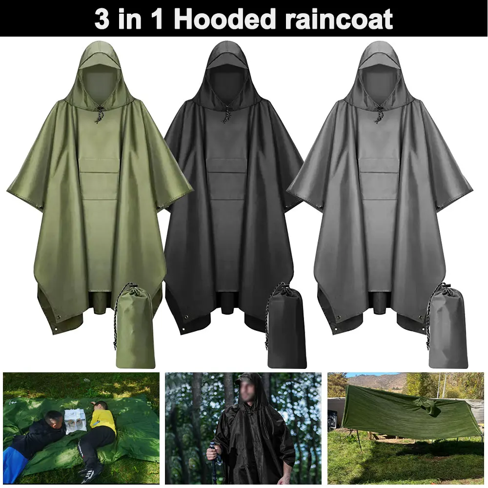 

Multi-Use Hooded Raincoat Military Waterproof Ripstop Camouflage Rain coat Men Women Rain Poncho Awning Picnic Mat+Storage Bag