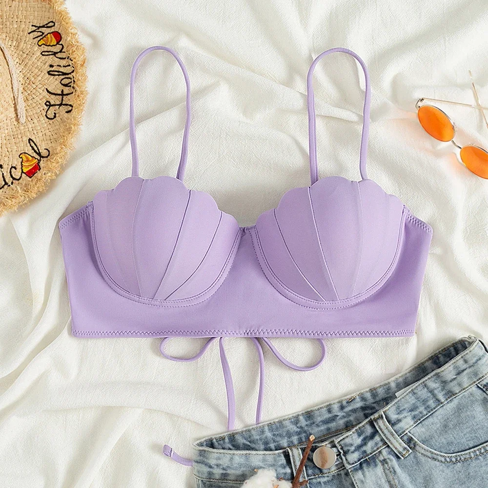 

Fashion Women Swimsuit Bikini Top Underwire Shell Bag Sling Solid Color Swimwear Brazilian Biquini Beachwear Bandage Swimwear