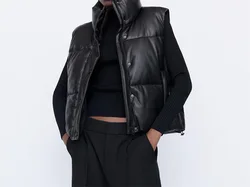 Outono/inverno preto algodão colete sem mangas gola lateral bolso estiramento cinta ajustável hem senhoras pu colete superior coreia 2021