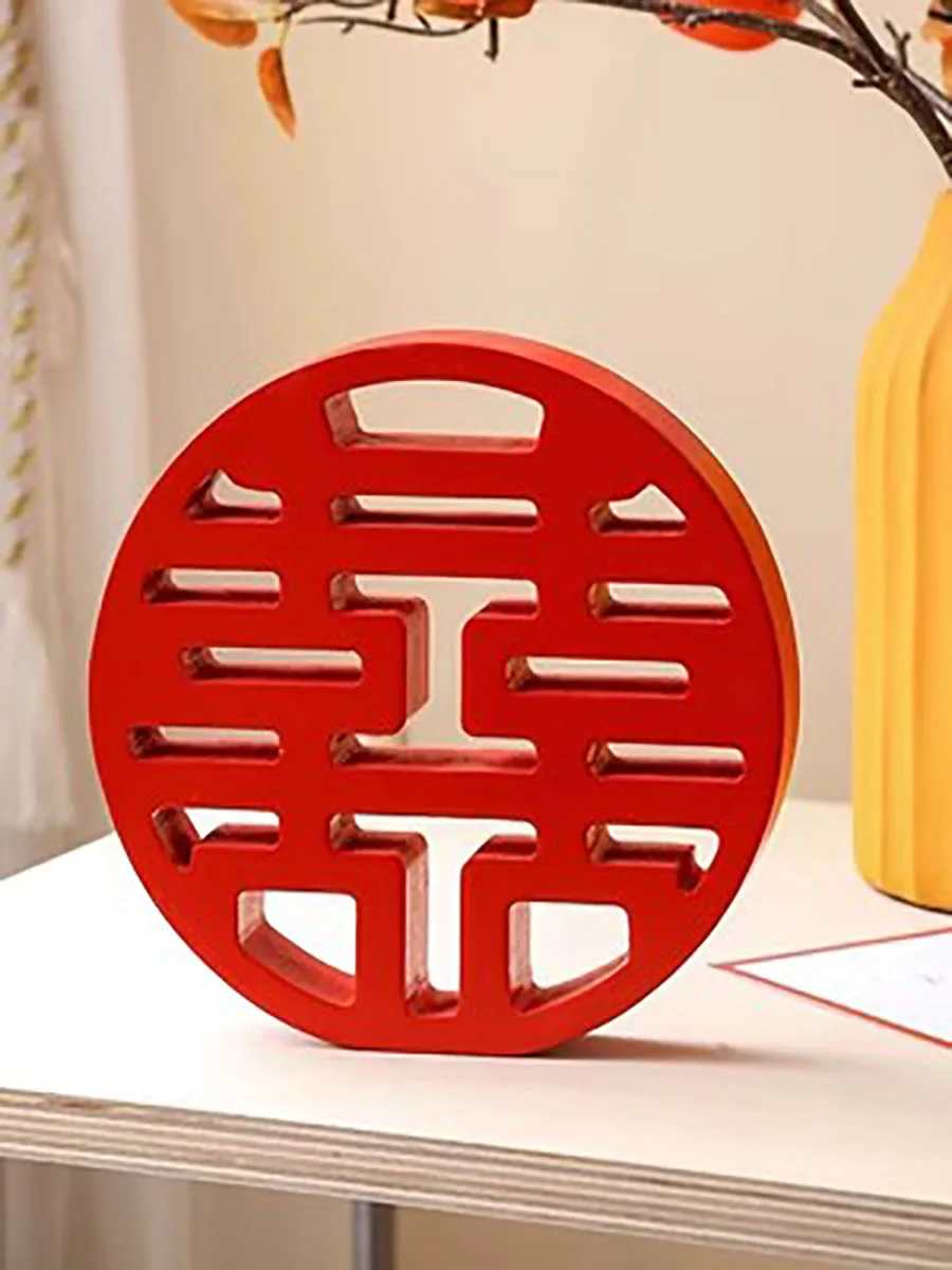 Red Chinese Word Double Happiness Blessing Model Wood Crafts for Wedding Festival, Home Furnishing Articles Decoration
