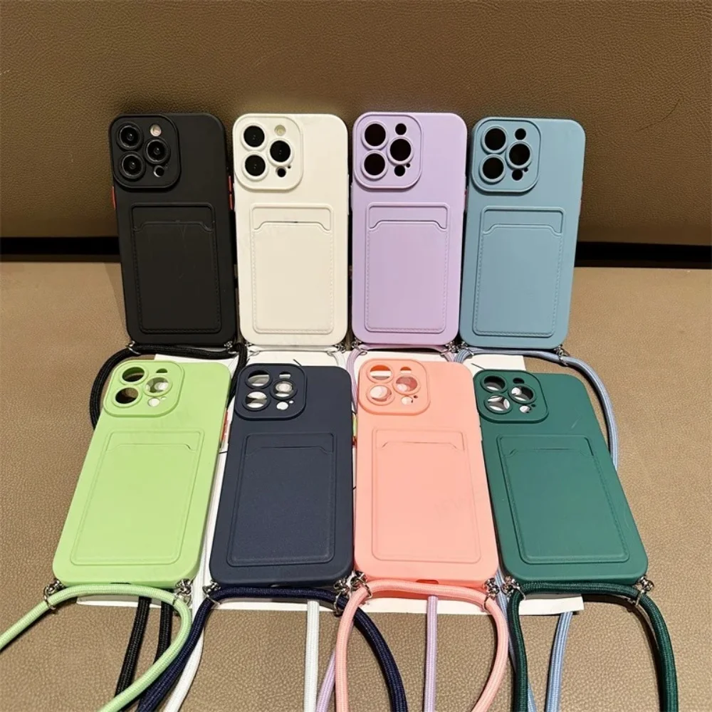 Flat Rope Solid Color Card Holder Phone Case with Hanging Rope - Soft Silicone