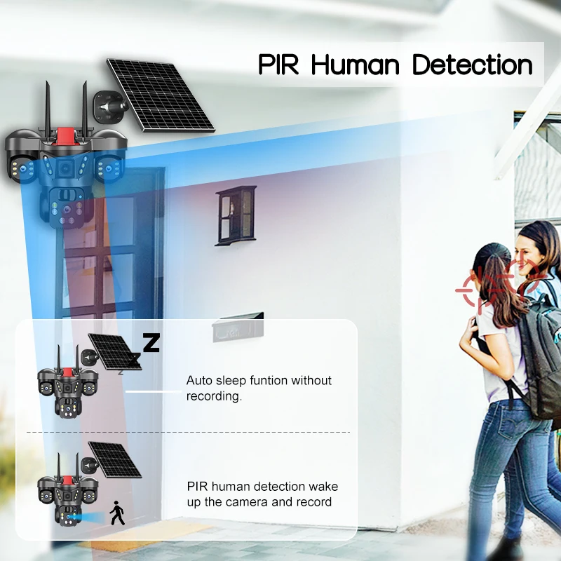 Telecamera Solare Wireless WiFi 8K 15MP con Tre Obiettivi e Tre Schermi, Scheda SIM 4G, Rilevamento Umano, Sorveglianza Esterna V380 - immagine 6