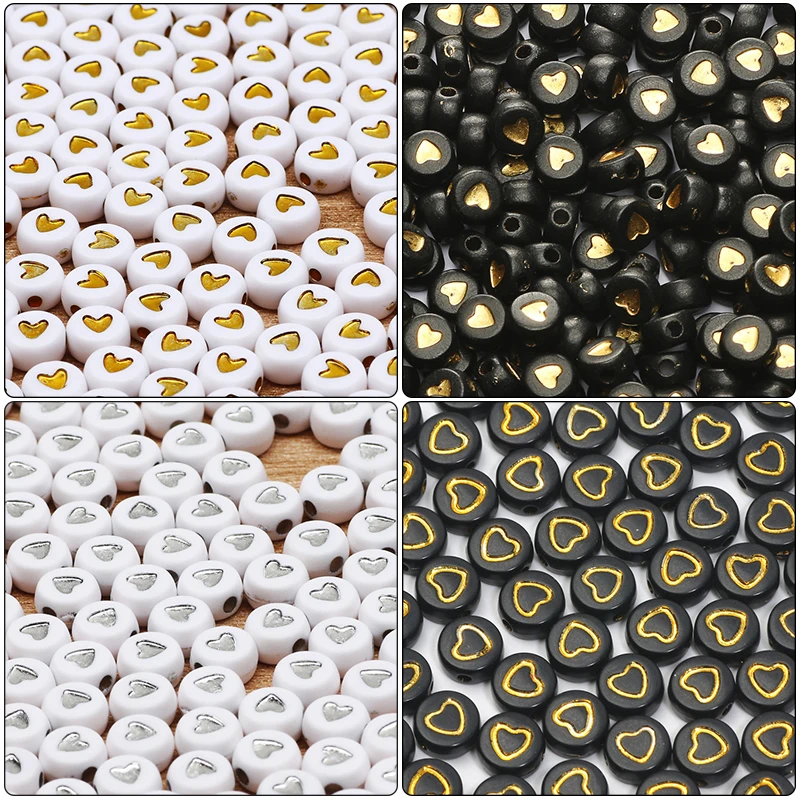 Perline Acriliche Rotonde Piatte Nere Bianche 4X7Mm Colore Oro Colore Argento Motivo A Cuore Charms Perline Per Gioielli Che Fanno Accessori Fai Da Te