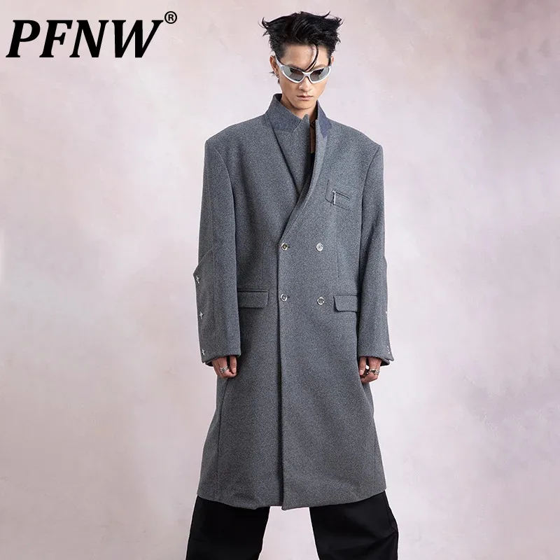 

PFNW Niche Three-dimensional Heavy Weight Deconstruction Shoulder Pad Woolen Coat Chic Casual Long Knee Length Trench 12Z6156