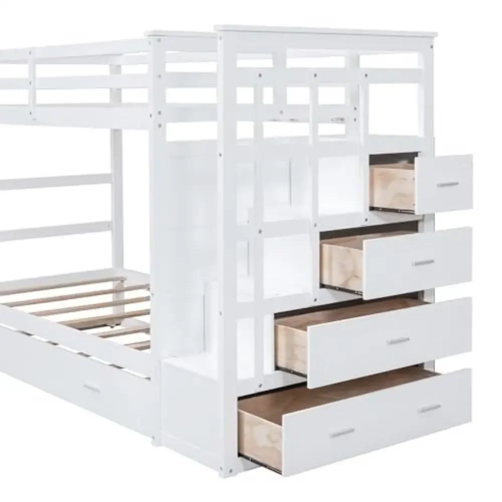 Solid Wood Twin Over Twin Bunk Bed with Stairs Trundle and Storage Drawers Safe Rails and Sturdy Climbing White Finish Size