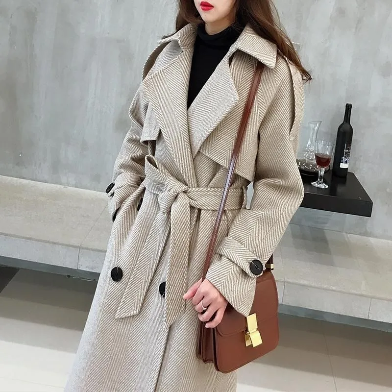2023 Spring Autumn New Thickened Coat Women Mid Length Over Knee Woolen Overcoat Loose All-in-one Trench Jacket