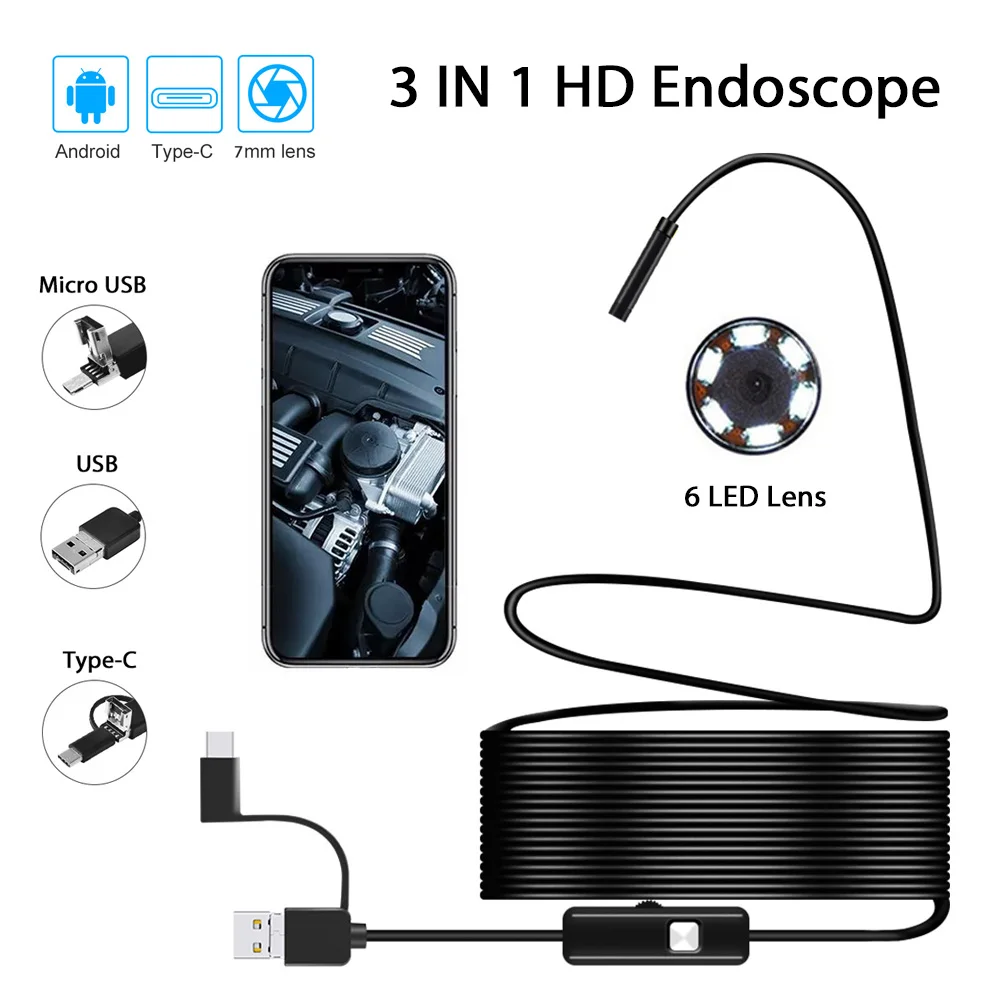 

Industrial Endoscope Camera 7mm IP67 Waterproof Inspection Borescope 6LED Adjustable For Android Phones Sewer Car PC USB Type-C