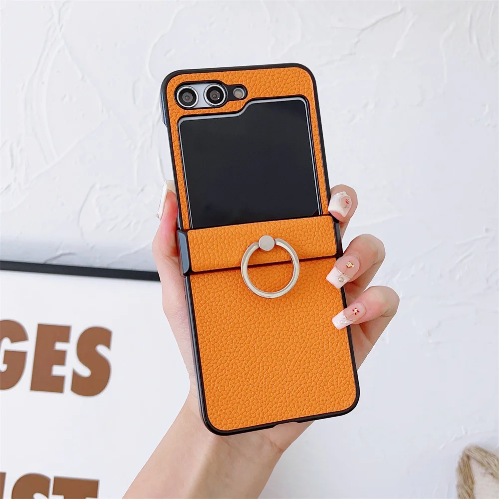 Luxury Litchi Grain Leather Case with Metal Ring Rotating Stand