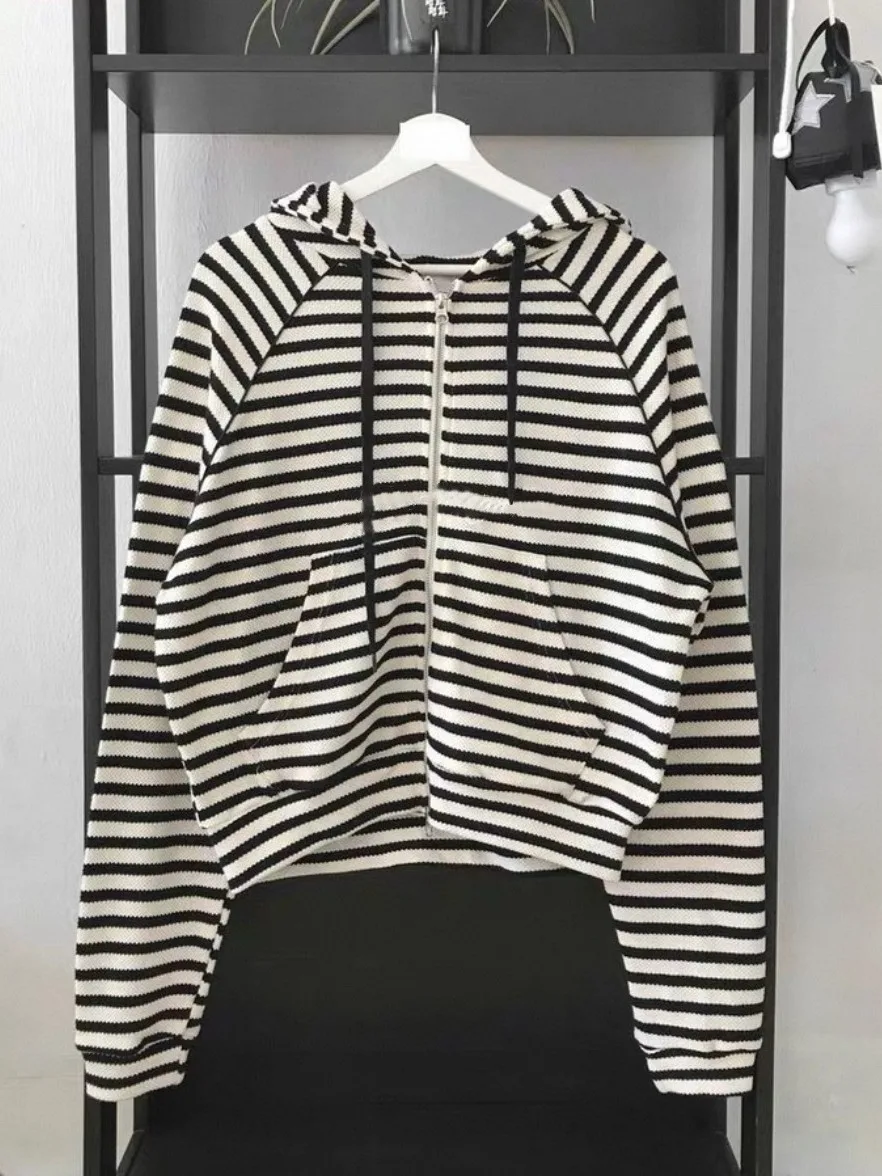 Retro Striped Hoodie Jaet Women's Small Size Faionable Youthful Zipper Outerwear Open Cardigan Long Sve Top
