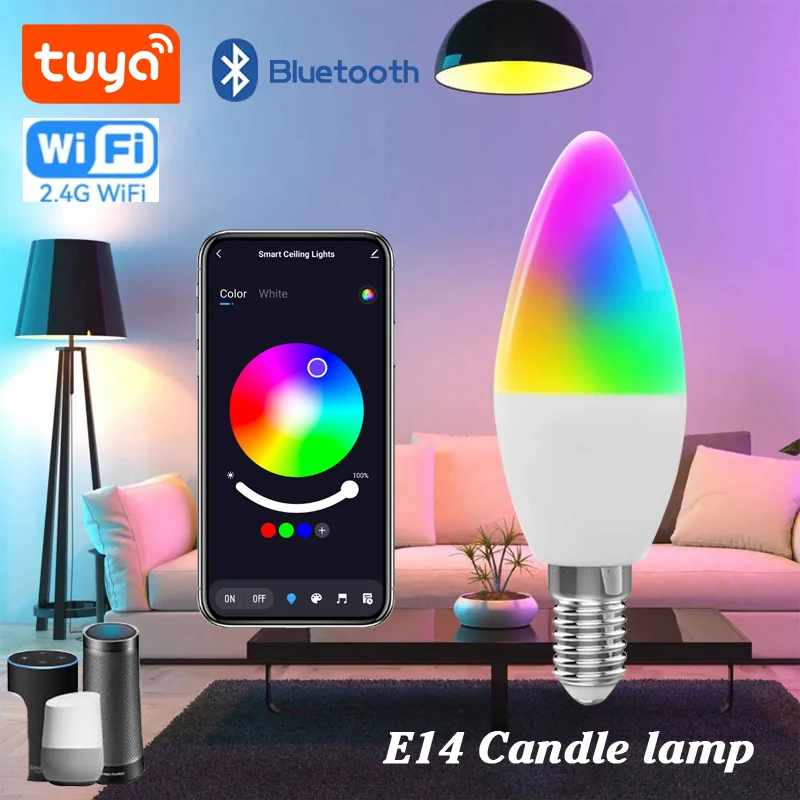 Tuya Smart Life E14 WiFi Bluetooth Smart Candelabra Bulbs 5W  RGB+CW LED Lamp 220V Dimmable Lamps Alexa, Google