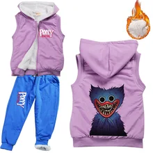 2021 inverno crianças poppy playtime huggy wuggy roupas menino zíper grosso com capuz colete jaquetas + calças 2 pçs conjunto da criança meninas roupa quente