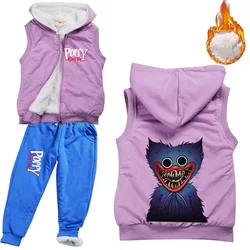 2021 inverno crianças poppy playtime huggy wuggy roupas menino zíper grosso com capuz colete jaquetas + calças 2 pçs conjunto da criança meninas roupa quente