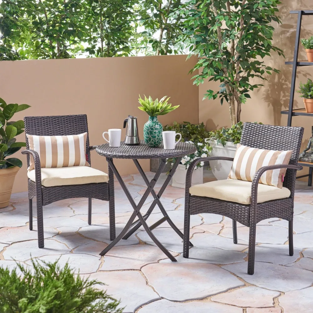 

Outdoor Fabric Bistro Set in Multibrown/Cream 3-Piece two cushioned chairs and one table, all wrapped in top quality wicker