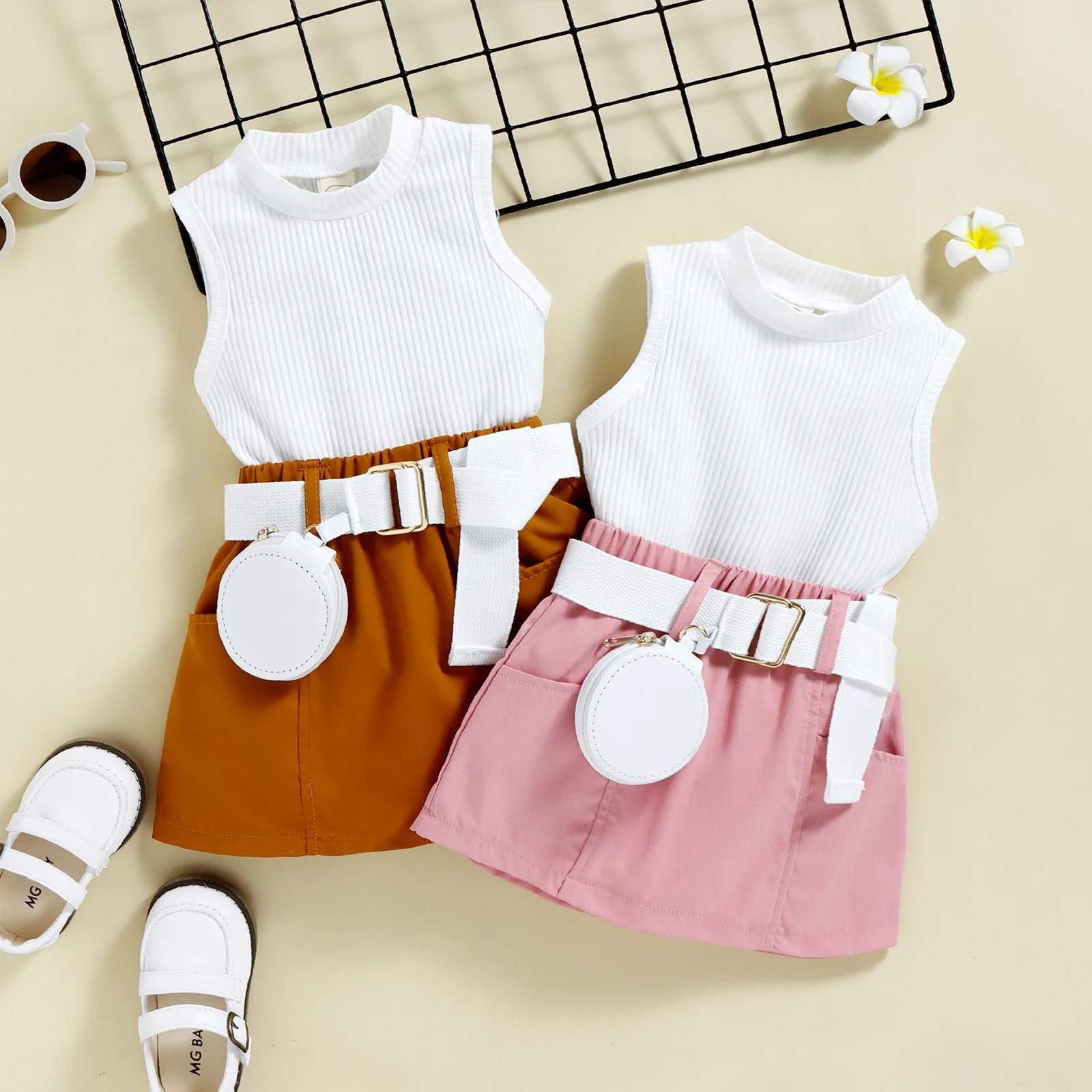 

Little Girls Summer Three-Piece Outfits Solid Color Sleeveless Ribbed Vest Tops + Belted Shorts Pants + Small Waist Pack 6M-4T