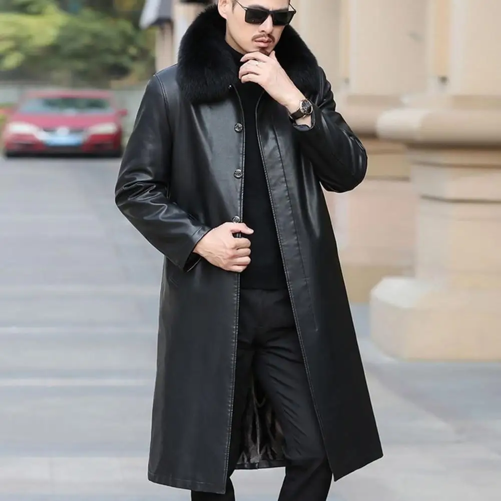 

Lapel Button Closure Men Jacket Men's Faux Leather Windbreaker Jacket with Lapel Fleece Lining Long Sleeve Coat for Autumn for A