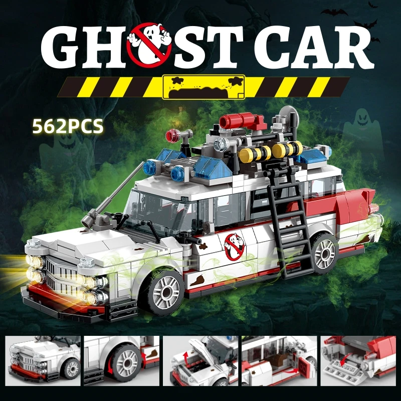 Mini Geisterrennwagen Bausteine 562 Teile MOC Retro-Krankenwagen DIY Montage-Spielzeug für Erwachsene Halloween Weihnachten Geburtstagsgeschenk