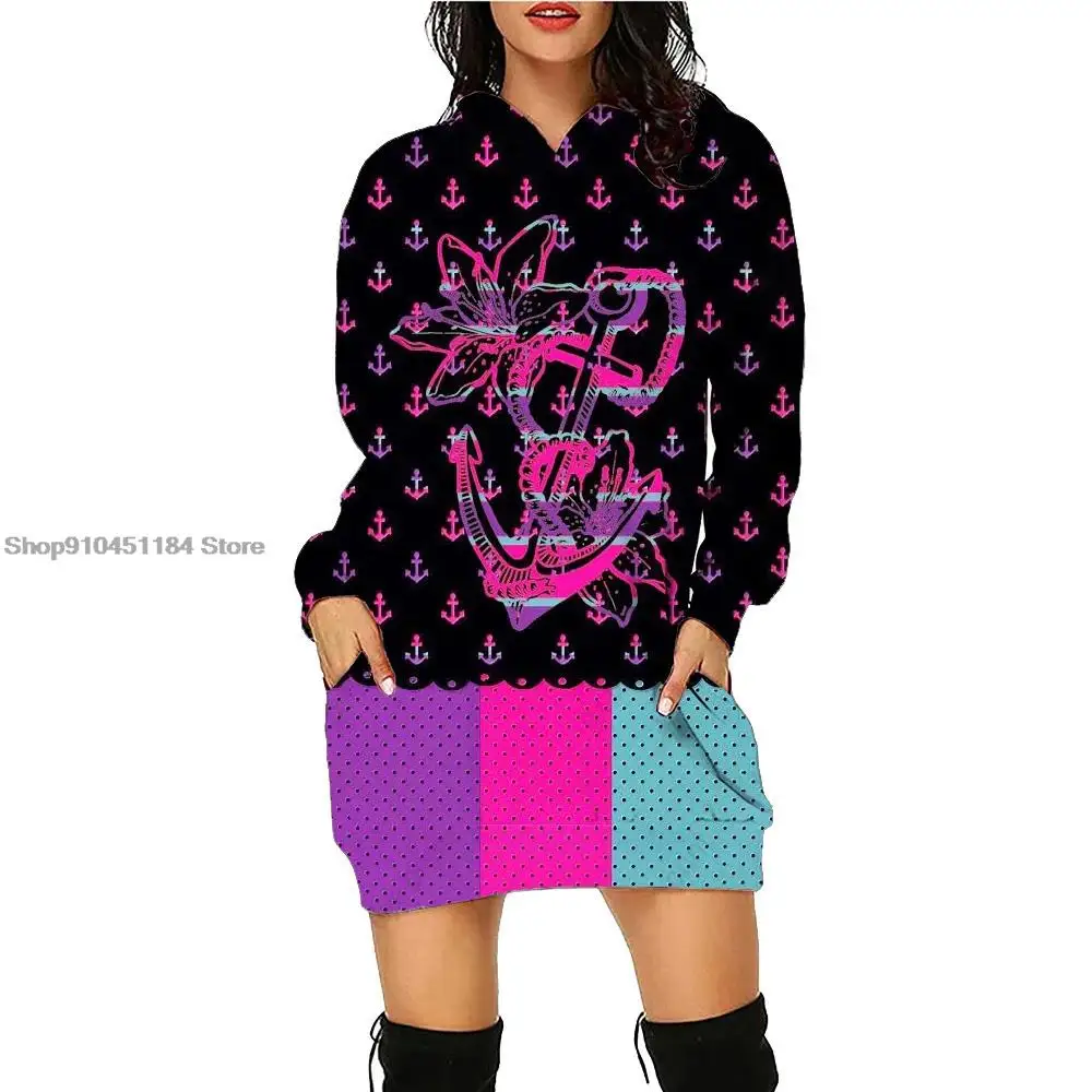 Anchor print for women Hoodie Dress Daily Workout Hoodies Long Sleeve Pullover Autumn Winter Loose Bandage Hoodies Robes