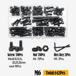 Black Hex Socket Head Screws Set - Steel Button Head Socket Cap Bolt Nuts (142pcs M6)
