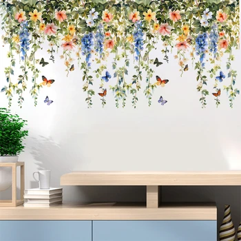 1pcs Modern Style Green Plants Flowers Vine DIY Removable Butterfly Wall Art Girl Living Room Office Classroom Home Decoration 1