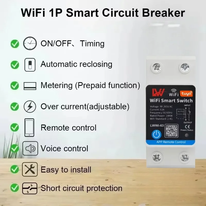Tuya 63A Power Meter Wifi Smart Circuit Breakers Power Monitor Wifi Electricity