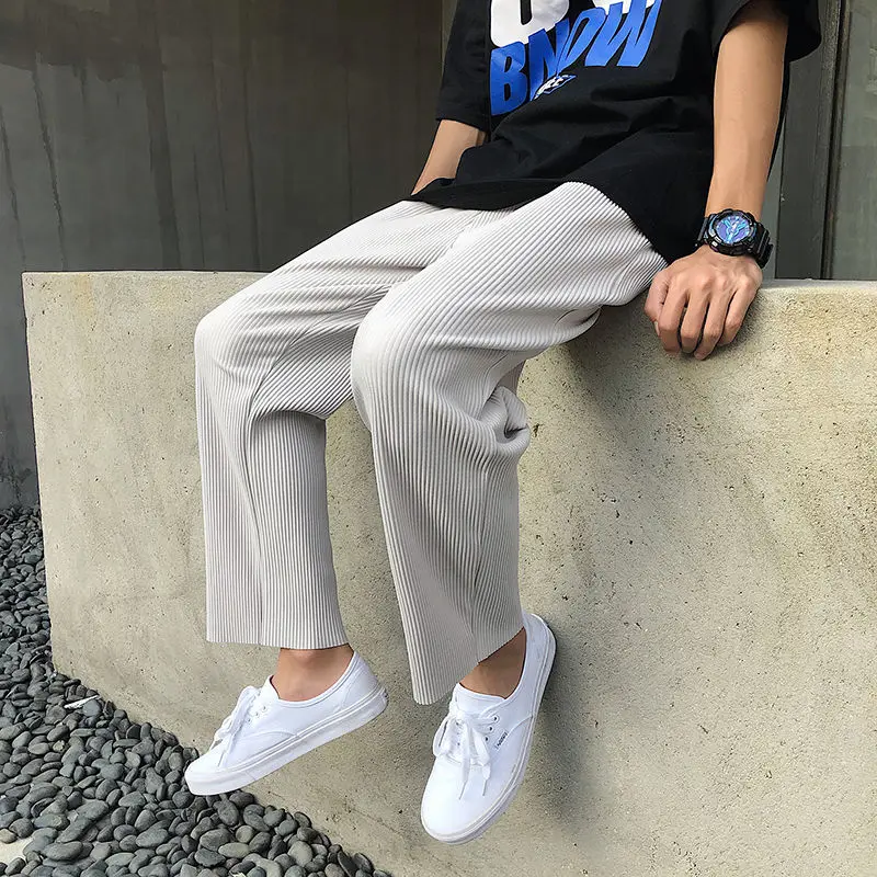 

Pants Loose Japanese Men's Casual Mens Straight Men Pleated Trousers Streetwear Waist Elastic
