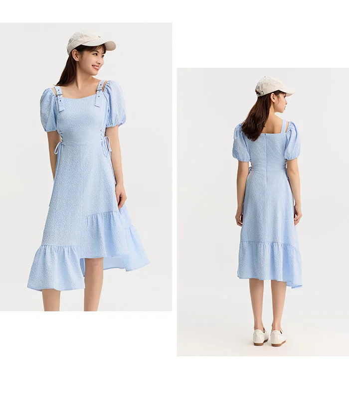 Vestido de mujer con cintura atada, texturizado, elegante y suave, de verano, irregular, con dobladillo con volantes, falda corta con estampado de campanillas, divertido